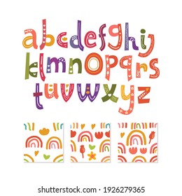 scandinavian alphabet and seamless pattern set cute fantasy clipart colorful collection isolated element