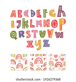 scandinavian alphabet and seamless pattern set cute fantasy clipart colorful collection isolated element
