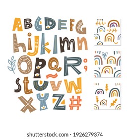 scandinavian alphabet and seamless pattern set cute fantasy clipart colorful collection isolated element