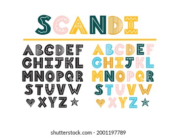 Scandinavian Alphabet. Set Scandinavian style font design. Simple vector alphabet for postcards, posters, prints, t-shirts. Alphabet for children.  For children's decor. Color and Black alphabet.
