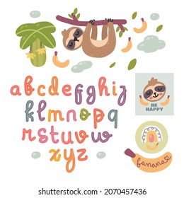 scandinavian alphabet, sloth theme set cute and clipart colorful collection isolated element