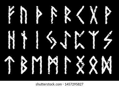 Scandinavian ancient runic alphabet set white color isolated on black background - Vector letter symbols.