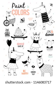 Scandinavian animal coloring page for adult and children. Cute animals with flowers and typography isolated on white background. Black and white vector illustration. Art therapy with simple design