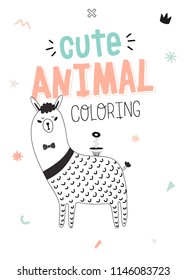 Scandinavian animal coloring page for adult and children. Cute llama with flower and typography isolated on white background. Black and white vector illustration. Art therapy with simple design
