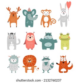 Scandinavian animal. Nordic design animals, nursery forest woodland characters. Modern kids stickers, wild fox, rabbit. Drawing lion and frog, classy vector set
