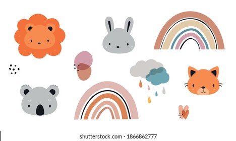 Scandinavian animal vector elements. Lion, koala, fox cartoon illustration. Can use for posters, cards, t-shirts print, invitation, interior design.