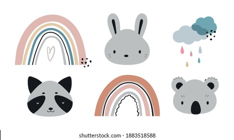 Scandinavian animal vector elements. Rabbit, koala, raccoon cartoon illustration. Can use for posters, cards, t-shirts print, birthday invitation, interior design.