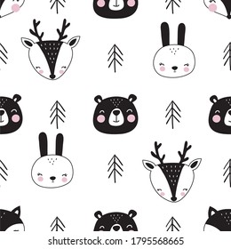 Scandinavian animals christmas pattern with fox, bunny, bear, deer