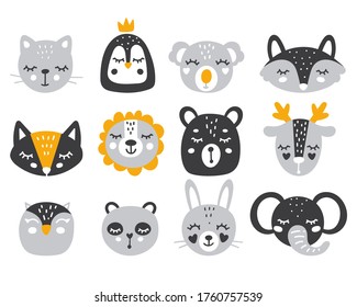 Scandinavian animals with closed eyes in black and white colors. Baby illustration. Vector print.