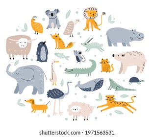 Scandinavian animals. Cute childish fox, elephant, bear, crocodile, rabbit, cat. Hand drawn forest and jungle animal doodles for kids vector set. Wildlife funny characters as hippopotamus, lion