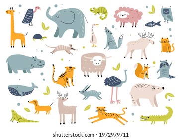 Scandinavian animals. Cute rabbit, elephant, turtle, tiger, owl, crocodile. Childish hand drawn animal doodle for kindergarten, nursery vector set. Funny characters from forest or jungles