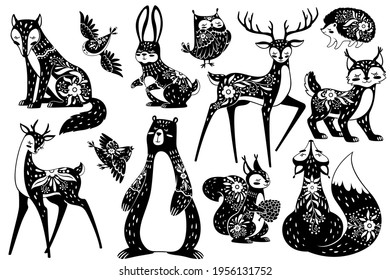 Scandinavian animals. Forest dwellers nordic with floral patterns. Deer, fox and hare, squirrel and hedgehog, lynx and owl swedish style vector set. Flying beautiful birds with ornament