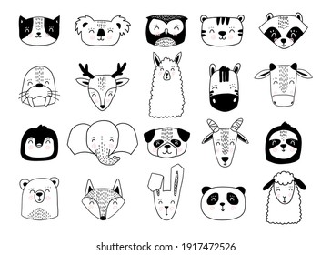 Scandinavian animals. Nordic cute animal set. Vector hand drawn panda, funny deer fox llama faces