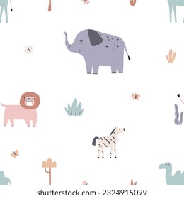 Scandinavian animals pattern. Seamless endless childish background with cute elephant, lion, zebra in Scandi style. Repeating print, kids design. Colored flat vector illustration for baby textile