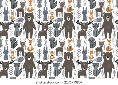 Skandinavische Tiere nahtlos Muster. handgezeichnete süße Kreaturen wilder Natur für Wallpaper oder Poster, Vektorgrafik in nordischem Design