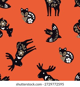Skandinavische Tiere Nahtloses Muster. Elch, Fuchs, Eichhörnchen, Vogel. Design für Stoff, Textil, Tapete, Verpackung	