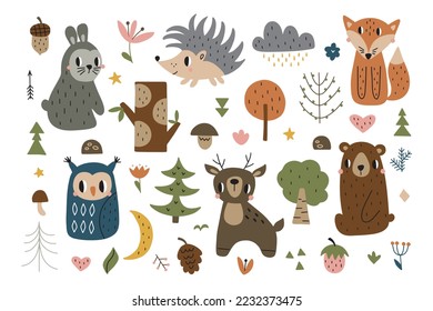 Skandinavische Tiere setzen. Von Hand gezeichnet. Doodle Cartoon Tiere mit Elementen des Waldes und die Geschenke der Natur für Kinderplakate, Postkarten, Kinderhemden. Vektorgrafik.