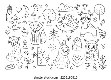 Scandinavian animals set. Drawn by hand. Doodle cartoon animals with elements of the forest and the gifts of nature for children's posters, postcards, children's t-shirts. Vector illustration.