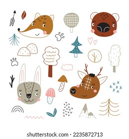 Animales escandinavos. Dibujado a mano. Animales de dibujos animados con elementos del bosque y regalos de la naturaleza para carteles infantiles, postales, camisetas para niños. Ilustración vectorial.
