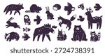 Scandinavian animals stamp set. Doodle forest animals silhouette collection. Wild animals bundle.