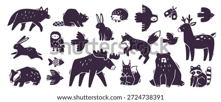 Scandinavian animals stamp set. Doodle forest animals silhouette collection. Wild animals bundle.