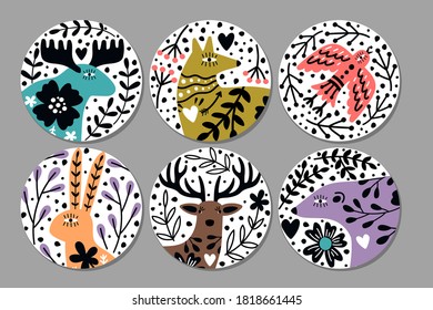 Scandinavian animals stickers. Hand drawn circular ornate image with bear and deer, rabbit and fox, vector illustration of cute nordic creatures