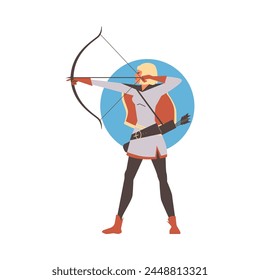 Scandinavian archer. Full length vector image of a Scandinavian mythological female warrior with a bow and arrow on a blue circle background. Character in flat style on isolated background.