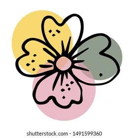 Scandinavian art.Modern abstract floral background. Minimalism, aesthetic contour. Pastel Scandinavian color palette.
Black flower hand-drawn. Yellow, pink and green circles on the background.
