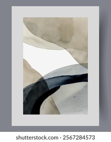 Scandinavian artwork with abstract watercolor figures intertwined with each other. Scandinavian collage in modern minimalist style to decorate walls of room in apartment or office. Print, poster