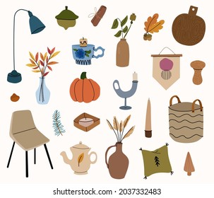 Scandinavian autumn design elements. Furniture,candles,home decor.