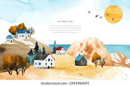 Paisaje Horizontal de la acuarela del otoño escandinavo con las casas acogedoras, los árboles, el lago y el sol. Casas de pueblo en las colinas. Marco de Plantilla de Vector con lugar para texto o ilustración