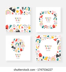 Scandinavian baby cards collection, set of vector frames, borders and wreaths with copy space, abstract doodle shapes, modern minimalist design, handdrawn rainbows, clouds and mountains