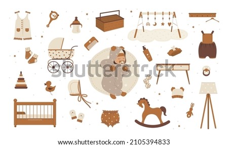 Scandinavian baby care elements. Boho sleeping newborn. Vintage wooden toys for children. Great for baby shower, invitation and home decor. Vector illustration in flat cartoon style.