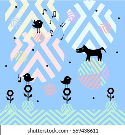 Scandinavian baby nice art or birthday greeting cards design. Scandinavian silhouette birds sit on flower and smoking pipe. hipster bird sings a song. happy animals minimalistic abstract illustration.