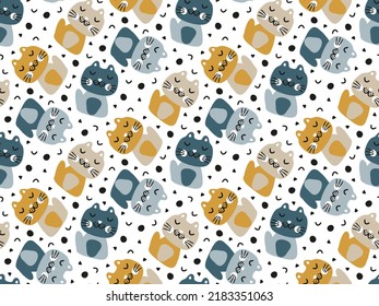 Scandinavian baby pattern with cartoon cats. Pets for infant fabric seamless prints. Cute kitty sweet dream. Kind animals for baby's apparel, textile. Childish nursery wallpaper on a white background.