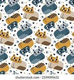 Scandinavian baby pattern with cartoon cats. Pets for infant fabric seamless print. Illustration of cute kitty. Kind animal for baby's apparel, textile. Childish nursery wallpaper on white background.