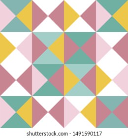 Scandinavian backgroung. Modern vector abstract seamless geometric pattern with triangles,  cquare and circle in retro style.Pastel pink,blue and yellow shapes.Geometry minimalistic artwork poster 