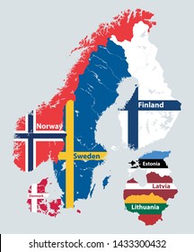 Scandinavian and Baltic regions countries political detailed map mixed with national flags. Vector illustration