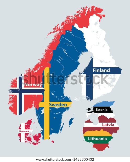 Scandinavian and\
Baltic regions countries political detailed map mixed with national\
flags. Vector\
illustration