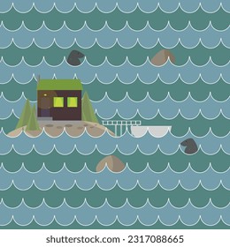 Scandinavian Baltic sea house on a small island in the sea. Vector
