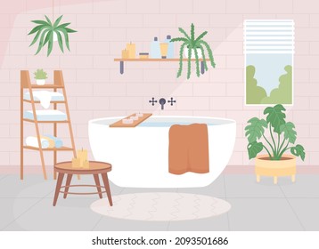 Scandinavian bathroom flat color vector illustration. Loft style apartment room. Comfortable bathroom. Washroom with bathtub. Nordic style 2D cartoon interior with furnishing on background