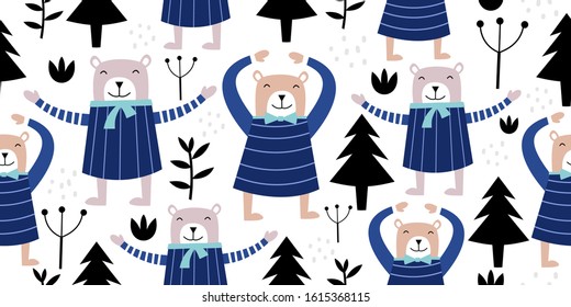 Scandinavian bear seamless pattern. Vector hand drawn animal for baby and kids fashion textile. Happy cute cartoon drawing.
