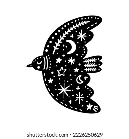 Scandinavian bird vector folk animal vector design, cute floral patterned traditional embroidery pattern inspired by Sweden, Norway, Finland and Denmark. Retro vintage black and white monochrome