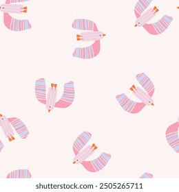 Scandinavian birds with pattern on white background, seamless pattern. Vector illustration	
