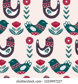 Scandinavian birds in a seamless pattern design, in a seamless pattern design