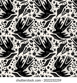 Scandinavian birds seamless pattern. Scandi folk animals ornament. Nursery rural print.