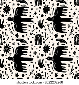 Scandinavian birds seamless pattern. Scandi folk animals ornament. Nursery rural print.