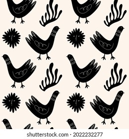 Scandinavian birds seamless pattern. Scandi folk animals ornament. Nursery rural print.