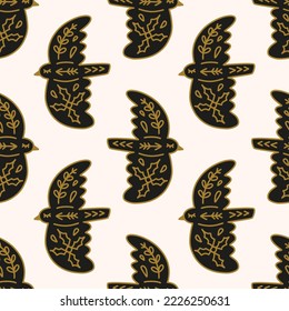 Scandinavian birds vector, folk animal vector seamless pattern, cute floral patterned traditional monochrome embroidery paper inspired by Sweden, Norway, Finland and Denmark. Retro vintage black and