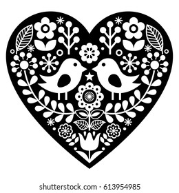 Scandinavian black folk art pattern with birds and flowers - Valentine's Day, love concept